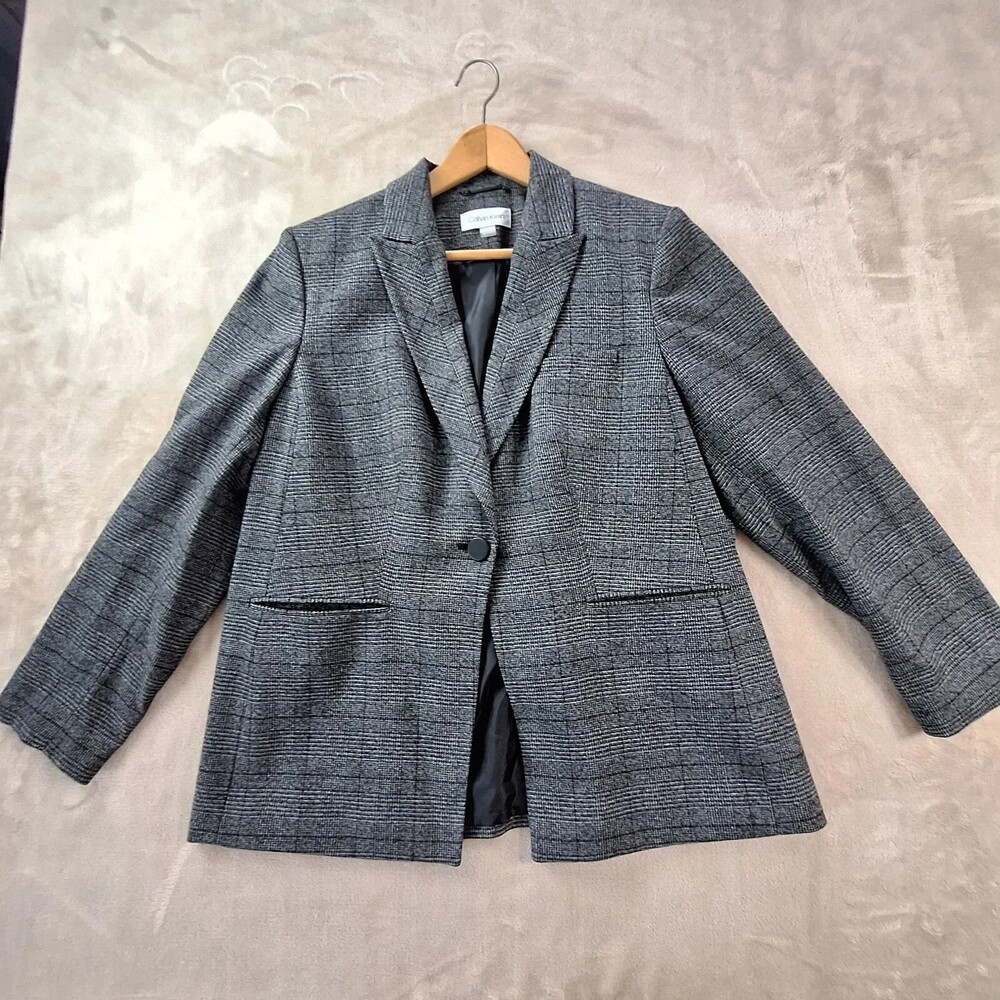 Calvin Klein Blazer Jacket Womens 16W Gray Plaid One Button Lined Stretch Career